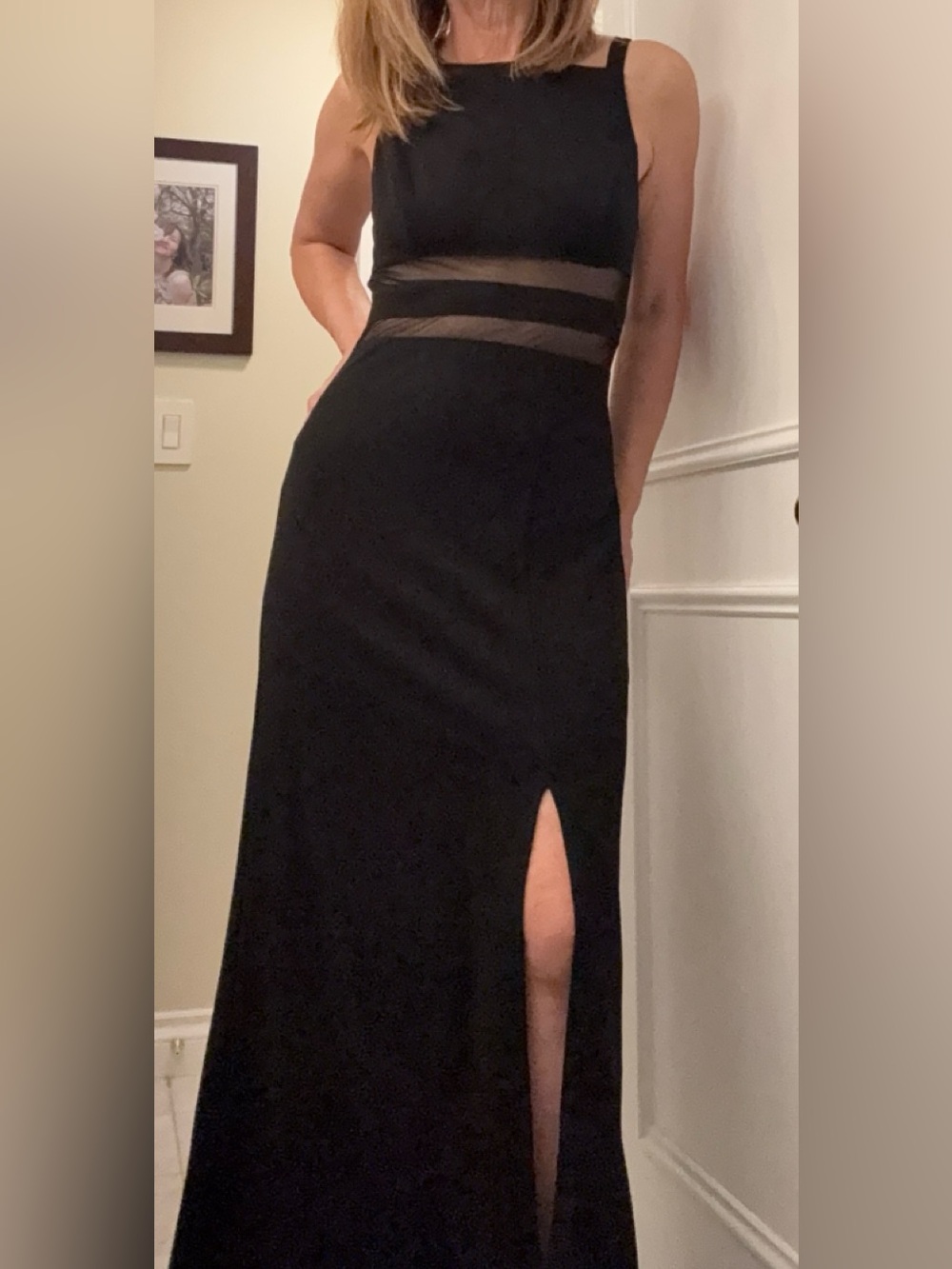 Sleeveless Black Mesh-Insert Bodycon Gown with a Slit